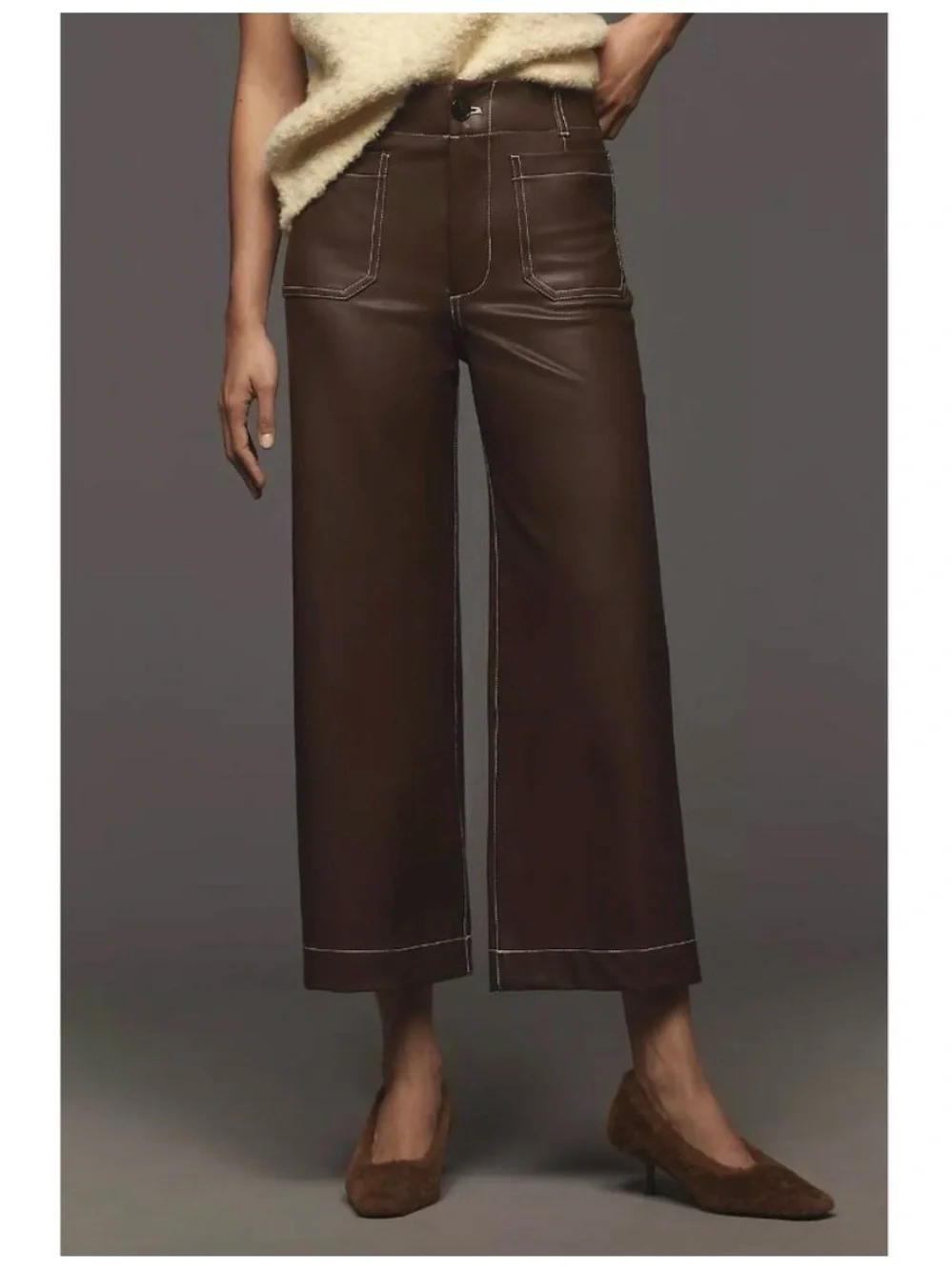 Colette Crop Wide-Leg Faux Leather Pants in Chocolate